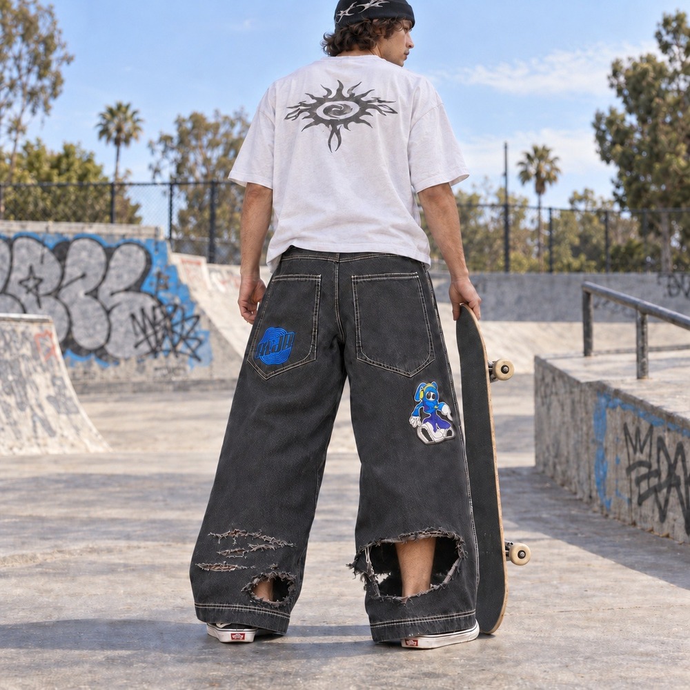 A-Lab Men 40x32 Baggy Skate Jeans Trashed Y2K  Black Embroidered Wide Leg
